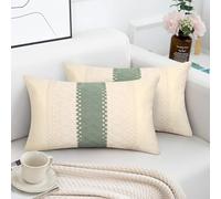 DakTou Set of 2 Cream Boho Cotton Cushion Covers 30x50cm, Sage Green Stripe Woven Crochet Lace Farmhouse Rustic Lumbar Decorative Pillow Covers for Sofa Couch Bed Bedroom