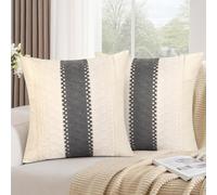 DakTou Sofa Cushion 40 x 40 cm, Grey Cotton, Set of 2 Cushion Covers in Beige with Grey Linen Mesh Pattern, Cushion Covers, Boho Decorative Cushion Cover, Cuddly for Home, Living Room, Bedroom, Sofa