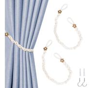 Dalababa 2 Pcs Cotton Curtain Tiebacks Ropes, Decorative Flower Curtain Tie Backs with Metal Hooks, Hand-Knitted Boho Rustic Style Drapery Holdbacks for Home, Cafe, Farmhouse Decor - Beige