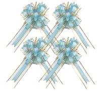 Dalababa 4 Pcs Blue Pull Bows for Gift Wrapping, 7.1 Inch Large Organza Long Ribbon Gift Bows with Gold Trim for Christmas Valentine's Day Birthday Present Basket Decoration