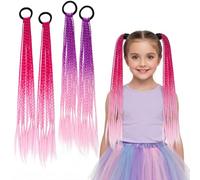 Dalababa 4 Pcs Coloured Hair Extensions for Girls | Crazy Hair Day Accessories, Rainbow Hair Braids with Elastic Hairband for Kids Birthday Party Performance