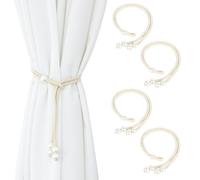 Dalababa 4 Pcs Curtain Tie Backs Rope, Boho Decor Beige Drapery Holdbacks, Hand-Knitted Curtain Tiebacks with Pearl for Home, Office, Living Room, Bedroom