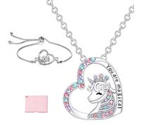 DALAETUS 2 Pcs Unicorn Necklace & Bracelet Set, Crystal Heart Silver Pendant, Magical Gift with Box for Girls