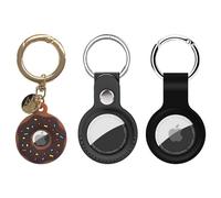 DALAETUS 3 Pcs Silicone AirTag Case Set with Protective PU AirTags Holder, Doughnut Case for Apple Airtag, Key, Bag, Luggage, Pet Collar (Black & Brown)