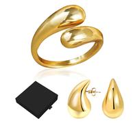 DALAETUS 4 Pcs Chunky Gold Ring for Women Set, Adjustable Gold Open Ring with Gold Hoop Earrings & Jewellery Box, Fashion Jewelry Love Gift for Valentines Day, Lover, Girlfriend, Girls