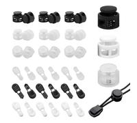 DALAETUS Premium Nylon Cord Stopper Set, 18 Two-Hole Spring Cord Locks & 18 Tail Clip Buckles in Black, White, and Clear,Spring Cord Locks for Cord End Lock Applications in Apparel and Gear