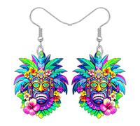 DALANE Acrylic Cute Hawaiian Tiki Mask 5 Oclock Somewhere Dangle Earrings for Women, Colorful Tropical Hibiscus Flowers, Beach Jewellery Boho Gifts for Beach Lovers (Colorful)