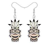 DALANE Acrylic Cute Hawaiian Tribal Tiki Mask Dangle Earrings for Women Polynesian Bohemian Tropical Summer Festival Jewellery Boho Gifts for Beach Vacation Luau Party (Grey)