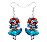 DALANE Acrylic Novelty Spooky Day of the Dead Sugar Skull Creepy Doll Dangle Earrings Halloween Witch Design Gothic Mexican Holiday Costumes Unique Jewellery Goth Gifts for Women (Blue)