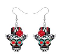 DALANE Halloween Acrylic Novelty Sugar Skull Earrings Dangle Drop Spooky Season Rose Jewelry Funny Gifts for Women Girls Kids Party Favors (Black)