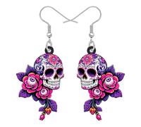 DALANE Novelty Halloween Gifts Sugar Skull Dangle Earrings for Women, Acrylic Floral Spooky Day of the Dead Evil Eyes Gothic Design, Goth Halloween Holiday Costumes Jewellery (Purple)