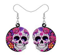 DALANE Novelty Halloween Gifts Sugar Skull Dangle Earrings for Women, Acrylic Floral Spooky Day of the Dead Mexican Gothic Design, Goth Halloween Holiday Costumes Jewellery (Purple)