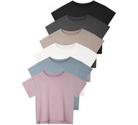 Dalavch 6 Pack Women's Crop Top Short Sleeve Athletic Workout Yoga Running Gym Casual Tees T-Shirts Loose Fit, 1 Black 1 White 1 Heather Grey 1 Pink 1 Khaki 1 Blue, L