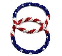 Dalax Handmade Glass Beaded Bracelets, American Flag Design Patriotic Color Red White Blue, Nepal Roll-On Boho Crochets Bracelet/Bangles, 7 Inch Crochet Seed Bead, Set of 2, Adult Unisex