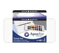 Daler-Rowney Aquafine Watercolour Travel Half Pan Paint Set, 24 Assorted Colours + 1 Watercolour Brush, Ideal for Professional Artists & Students