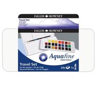 Daler-Rowney Aquafine Watercolour Travel Half Pan Paint Set, 24 Assorted Colours + 1 Watercolour Brush, Ideal for Professional Artists & Students