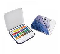 Daler-Rowney Aquafine Watercolour Half Pan Paint Travel Set, 24 Assorted Colours + 1 Aquafine Watercolour Brush, Ideal for Professional & Beginner Artists & Students