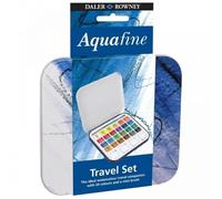 Daler-Rowney Aquafine Watercolour Half Pan Paint Travel Set, 24 Assorted Colours + 1 Aquafine Watercolour Brush, Ideal for Professional & Beginner Artists & Students