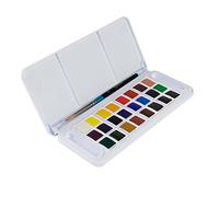 Daler-Rowney Aquafine Watercolour Travel Half Pan Paint Set, 24 Assorted Colours + 1 Watercolour Brush, Ideal for Professional Artists & Students