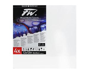 Daler-Rowney FW 12 x 12in White Stretched Canvas, Medium Grain, 10mm Deep, 4 Pack, For Professional Artists & Students