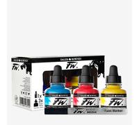Daler-Rowney FW Starter Ink Set, 3 x 29.5ml Bottles & 1 FW Mixed Media Marker, Acrylic Based Ink, Assorted Colours, For Professional Artists & Students