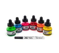 Daler-Rowney FW Neon Ink Set, 6 x 29.5ml Bottles & 1 FW Mixed Media Marker, Acrylic Based Ink, Assorted Colours, Ideal for Professional Artists & Students