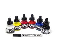 Daler-Rowney FW Primary Ink Set, 6 x 29.5ml Bottles & 1 FW Mixed Media Marker, Acrylic Based Ink, Assorted Colours, Ideal for Professional Artists & Students