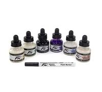Daler-Rowney FW Shimmering Ink Set, 6 x 29.5ml Bottles & 1 FW Mixed Media Marker, Acrylic Based Ink, Assorted Colours, Ideal for Professional Artists & Students