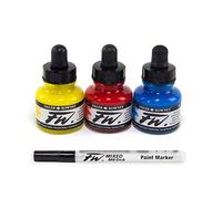Daler-Rowney FW Starter Ink Set, 3 x 29.5ml Bottles & 1 FW Mixed Media Marker, Acrylic Based Ink, Assorted Colours, For Professional Artists & Students
