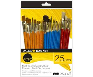 Daler-Rowney Simply Mixed Media Brush Set, 25 Pieces, Short Handle, Watercolour, Acrylic, Mixed Media, Oil Painting, Art Tools, For Entry-Level Artists & Hobbyists