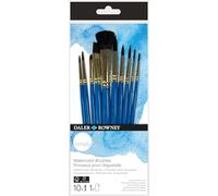 Daler-Rowney, Simply, Watercolour, Soft Synthetic Hair, Short Handle, Round, Script, Flat, Oval Wash, Multiple sizes, Reuseable Ziplock Pouch, 10 Assorted brushes, Wood, Blue