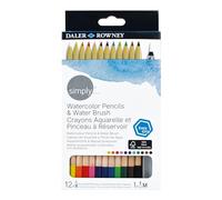 Daler-Rowney Simply Watercolour Hex Colouring Pencil Set with 1 x Water Pen, 12 Assorted Colours, For Entry-Level Artists & Hobbyists