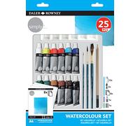 Daler-Rowney Simply Watercolour Paint 25pcs Technique Set, 12 x 12ml Assorted Colours, Ideal for Entry-Level Artists & Hobbyists