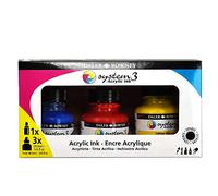 Daler-Rowney System3 Acrylic Ink Set, 3 x 29.5ml Bottles & 1 FW Mixed Media Marker, Assorted Colours, Ideal for Professional Artists & Students