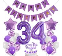 Dalettu Balloons 34th Birthday Decoration, Cake Decoration Happy 34th Birthday Decoration 34 Years Woman, Foil Balloon Number 34 Purple, Decoration 34th Birthday Women, Purple Birthday Decoration 34