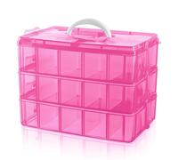 Daletu Sorting Boxes for Small Parts with Lid, Plastic Storage Box Small for Metal Parts, Beads, Building Blocks, Three Levels with Removable 30 Compartments, Transparent, Pink