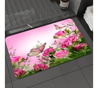 DALEXHM Microfibre Bath Mat, Door Mat, Pet Mat,Bathroom Rug Machine Washable,Non-slip,Super absorbent,Extra Soft,Roses and butterflies among pink flowers,24x39in