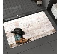 DALEXHM Microfibre Bath Mat, Door Mat, Pet Mat,Bathroom Rug Machine Washable,Non-slip,Super absorbent,Extra Soft,cowboy boots and hat on a wood background with vintage tinted effect and writi,24x39in