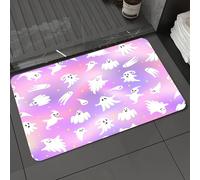 DALEXHM Microfibre Bath Mat, Door Mat, Pet Mat,Bathroom Rug Machine Washable,Non-slip,Super absorbent,Extra Soft,Halloween ghost pattern. Cute white flying ghosts on holographic pink gradien,24x39in
