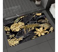 DALEXHM Microfibre Bath Mat, Door Mat, Pet Mat,Bathroom Rug Machine Washable,Non-slip,Super absorbent,Extra Soft,with gold and black tropical leaves on dark background.,24x39in