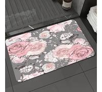 DALEXHM Microfibre Bath Mat, Door Mat, Pet Mat,Bathroom Rug Machine Washable,Non-slip,Super absorbent,Extra Soft,with pink flowers and leaves on gray background. floral pattern flower rose in,20x31in