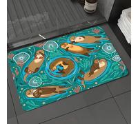 DALEXHM Microfibre Bath Mat, Door Mat, Pet Mat,Bathroom Rug Machine Washable,Non-slip,Super absorbent,Extra Soft,Cute Brown Otters Ornamental Algae and Corals in Green Water,20x31in