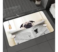 DALEXHM Microfibre Bath Mat, Door Mat, Pet Mat,Bathroom Rug Machine Washable,Non-slip,Super absorbent,Extra Soft,Pug,Puppy Reading the Newspaper on the Toilet Bathroom Funny Image Pug Jo,24x39in