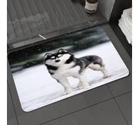 DALEXHM Microfibre Bath Mat, Door Mat, Pet Mat,Bathroom Rug Machine Washable,Non-slip,Super absorbent,Extra Soft,Portrait black and white Siberian husky standing against the blue snow. Dogs o,24x39in