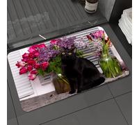DALEXHM Microfibre Bath Mat, Door Mat, Pet Mat,Bathroom Rug Machine Washable,Non-slip,Super absorbent,Extra Soft,black cat raises his head. on the windowsill against the background of flowers,24x39in