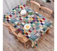 DALEXHM Table Cloth Wipe Clean Rectangular, wipeable tablecloths,Dining Table Cover for Kitchen Outdoor Garden Table,Floral patchwork tile design. Colorful Moroccan Mediterranean square tile,54x72 in