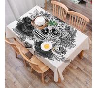 DALEXHM Table Cloth Wipe Clean Rectangular, wipeable tablecloths,Dining Table Cover for Kitchen Outdoor Garden Table,Black - and - Death Day - Style skull, decorated with floral and diamond,54x72 in