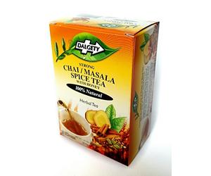 DALGETY CHAI / MASALA SPICE TEA with HONEY. REAL CARIBBEAN TEA. 20 TEABAGS PER CARTON. MEDIUM STRENGTH HERBAL. THIS CHAI/MASALA SPICE TEA is a BLEND of BLACK TEA with NATURAL HERBS and SPICES THAT ENHANCE the BLACK TEA FLAVOUR. PRODUCT of the UK.