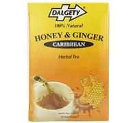 DALGETY HONEY AND GINGER HERBAL TEA. REAL CARIBBEAN TEA. 20 TEABAGS PER CARTON STRONG GINGER TASTE with a MODERATE SWEETEN FLAVOUR OF HONEY. MEDIUM STRENGTH HERBAL TEA with ALL NATURAL INGREDIENTS. PRODUCT of the UK.
