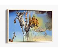 Dali Temptation Of St Anthony Blue Canvas Floater Frame Print Picture Art - Light Oak Frame 30 inch wide x 20 inch high